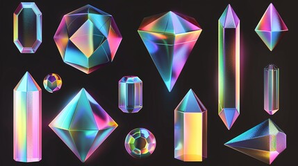 Gleaming opalescent shapes with a prism effect on dark backdrop.