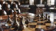 Close up of a chess board on a table. Suitable for business or strategy concepts hyper realistic 