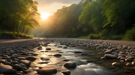 Mountain River at sunsetOrange summer sunset on the Russian river Volga. ai genrative 