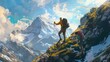 Hiker helping friend reach the mountain top, Generative Ai illustration hyper realistic 