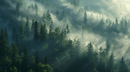 Wall Mural - Thick fog covers green dense forest, amazing morning concept