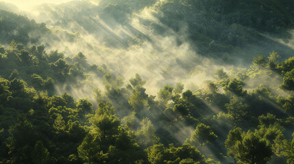 Wall Mural - Thick fog covers green dense forest, amazing morning concept