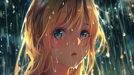 Wall Mural - anime girl with red and bluish shaded eye with blonde red long and pretty hair abstract anime girl standing in the rain with umbrella . cuteness and beauty is overloaded very awesome anime girls