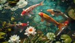concept of the zodiac signs influencing the behavior of koi fish in a mystical illustration