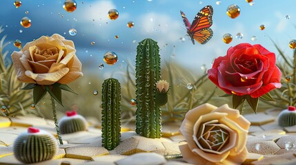 Cactus desert with petrol drops, hexagonal sands, a roaming butterfly, three roses, and cactus-themed acrylic balloons.