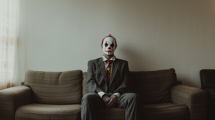 Sticker - A man sits on a sofa wearing a suit and mask in a photo studio with a white background, Ai generated Images