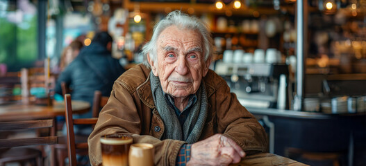 Poster - An old man sits at a table in a cafe with a cup of coffee in front of him