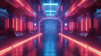Wall Mural - Abstract neon matrix technological stage, cyberpunk future 3D concept illustration
