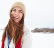 Laughing, snow and funny girl in winter with scarf, beanie or jersey in Sweden on holiday vacation. Female person, smile or happy woman on outdoor trip for travel, adventure or wellness in nature