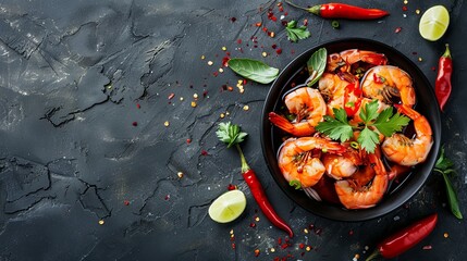 Wall Mural - Spicy shrimp with herbs and lime on dark background