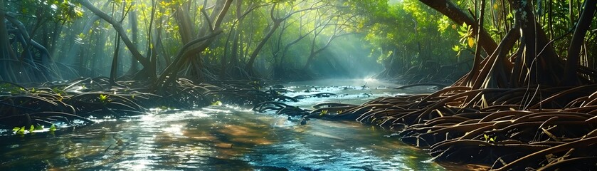 Wall Mural - Lush and Mysterious Mangrove Waterways Winding Through Dense Tropical Wilderness