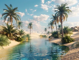 Poster - Serene Desert Oasis with Swaying Palms and Glistening Pool in Tranquil Tropical Landscape