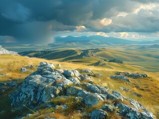 Poster - Dramatic Highland Plateau with Scattered Rock Formations and Distant Storm Clouds