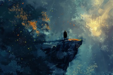 Wall Mural - A man stands on a cliff overlooking a forest