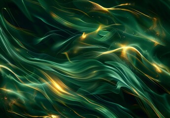 Wall Mural - Enchanting Emerald and Gold Abstract Waves Background with Shimmering Particles