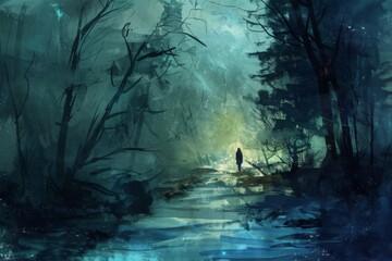 Wall Mural - A person is walking through a forest at night