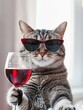 © Jullia - Stylish Cat in Sunglasses Enjoying a Glass of Red Wine Indoors