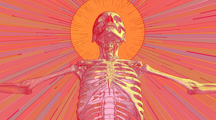 A skeleton is shown with a sun in the background