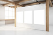 Three blank white posters in a gallery setting with wooden beams, a clean, modern appearance on a light background, concept of exhibition space. 3D Rendering
