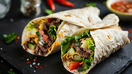 Wall Mural - Burritos wraps with beef and vegetables on black background. Generative Ai
