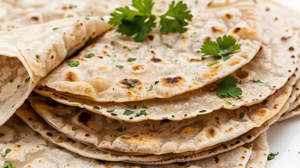 Wall Mural - Chapati tortillas with fresh parsley are isolated in close up on a white background. Generative Ai