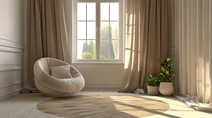 Poster - Cozy modern room with natural light, stylish armchair and plant. Ideal for relaxation, interior design inspiration. Peaceful, simple home decor. AI