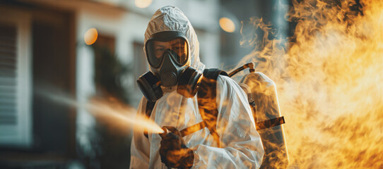 A man in a white suit and mask is spraying water on a fire