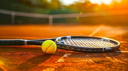 Poster - Close-up view of tennis ball and racket on clay court at sunset. Symbol of sport, activity, and competition. Ideal for sport ads and backgrounds. AI