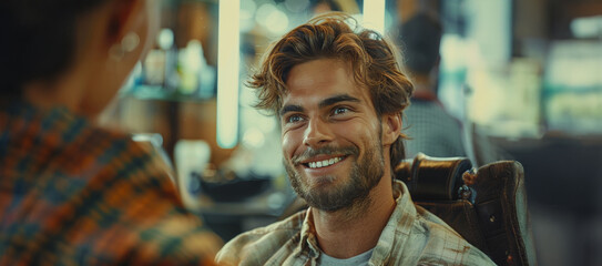 Poster - A man is sitting in a barber chair smiling at the camera