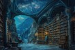An ancient library filled with magical books, glowing orbs, and mystical artifacts. Shelves reach up to a high, vaulted ceiling, with soft light filtering through stained glass windows. Resplendent.