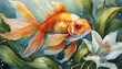 幻想的な背景、綺麗な金魚が百合と共に夏の香りを届ける水墨画風のイラスト、壁紙  generated by AI