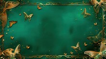 A Rich Emerald Green Background With Golden Flower And Butterflies Frame On It Abstract Background 