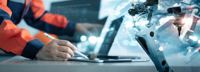 Fototapete - Industry 4.0, Engineer use monitoring system software and record data of ai robotics automatic arms machine working on network in intelligent factory, Ai, Machine learning, Digital manufacturing.