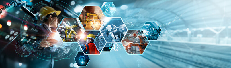 Poster -  Industry 4.0, Ai, Smart industry of digital factory, industrial revolution, Engineer control robotics automatic arms machine with monitoring Ai system software. Digital manufacturing operation.