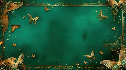 a rich emerald green background with golden flower and butterflies frame on it abstract background