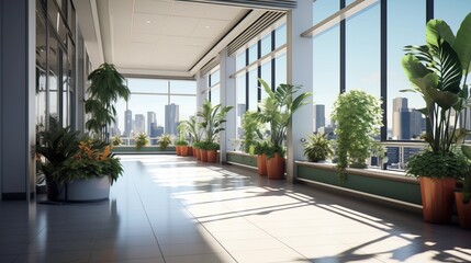 Wall Mural - An office building hallway with large windows, houseplants in flowerpots, glass fixtures, and a spacious floor with city views, all under a high ceiling.