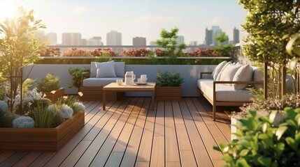 Wall Mural - Beautiful of modern terrace with wood deck flooring and fence, green potted flowers plants and outdoors furniture. Cozy relaxing area at home. Sunny stylish balcony terrace in the city.