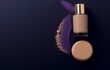 A foundation bottle and a powder sponge are placed on a black surface, luxurious, iconic, unpretentious elegance, and colors of dark purple and light beige.