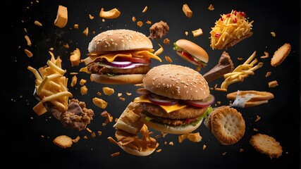 Wall Mural - fast food flying, exploding, against a black backdrop