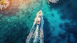 © somchai20162516 - Aerial top view of a white cruise ship on a summer day The motorboat makes eight turns in the sea, creating an endless future concept