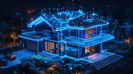 Wall Mural - A smart house powered by artificial intelligence and IoT. Witness system development shaping innovative smart building architecture, revolutionizing the way we live