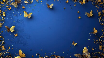 Wall Mural - A regal royal blue background with golden flower and butterflies  border on it 