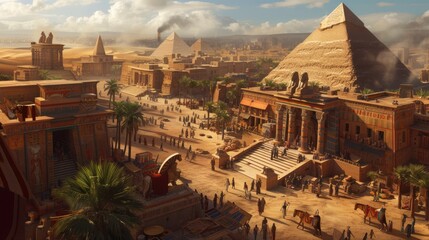 an ancient egyptian city at the peak of its glory, with pyramids, sphinx, and bustling markets. resp