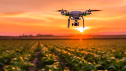 Wall Mural - Drone Flying Over Crop Field at Sunset