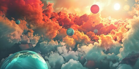Wall Mural - A colorful space scene with a blue planet and a bunch of other planets and stars