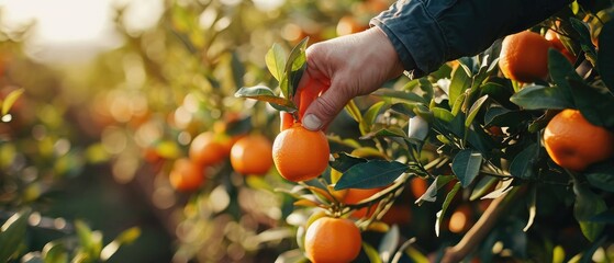 Poster -  hand picking orange fruit in garden