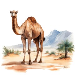 Wall Mural - Camel. Camel in desert clipart. Watercolor illustration. Generative AI. Detailed illustration.