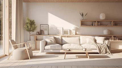 Wall Mural - Modern interior japandi style design livingroom. Lighting and sunny scandinavian apartment with plaster and wood. 3d render illustration.