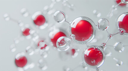 Canvas Print - 3D Render of Shiny Molecules in Fluid, Transparent Design with Red Highlights