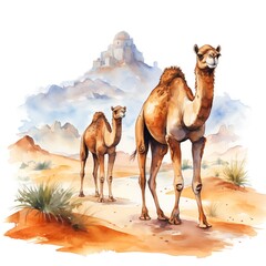 Wall Mural - Camels. Camel in desert clipart. Watercolor illustration. Generative AI. Detailed illustration.